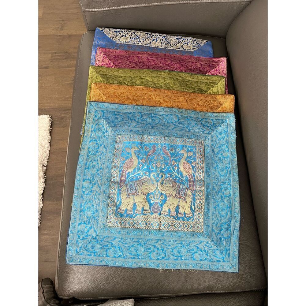 5 Indian Elephant Madhubani Style Silk Pillow Covers